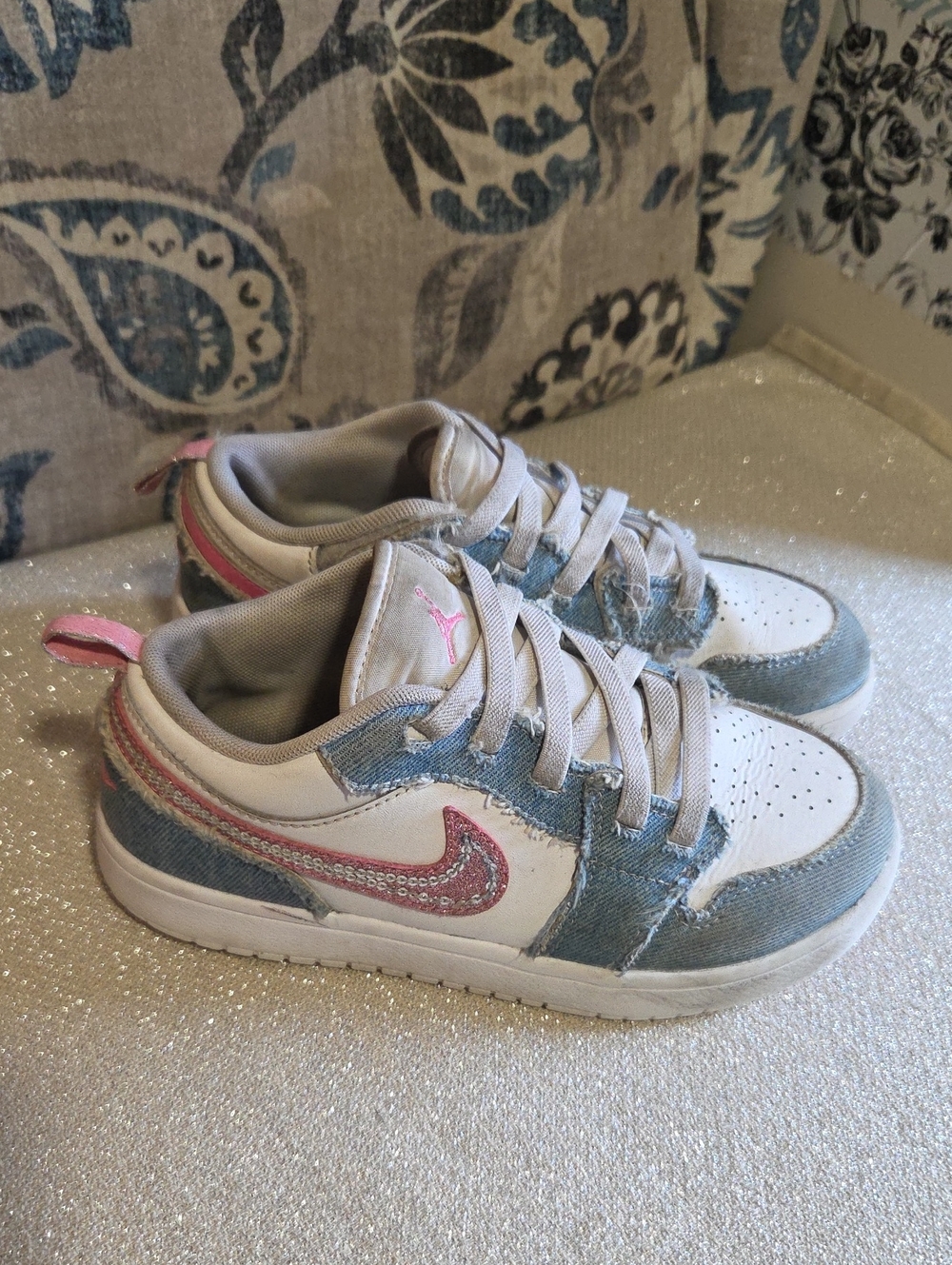 Air Jordan White and Denim Low-Top Sneakers with Pink Glitter Swoosh